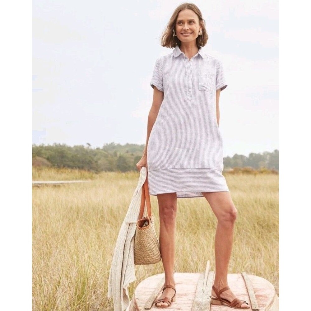 Nwt Garnet Hill European Linen Relaxed Popover Shirtdress Striped M with pockets